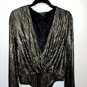 Sparkly black and gold, low v neck body suit